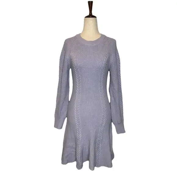 Anthropologie Skater Sweater Dress Sz M Rib Knit Lavender Crew Neck Long Sleeve - Picture 2 of 7